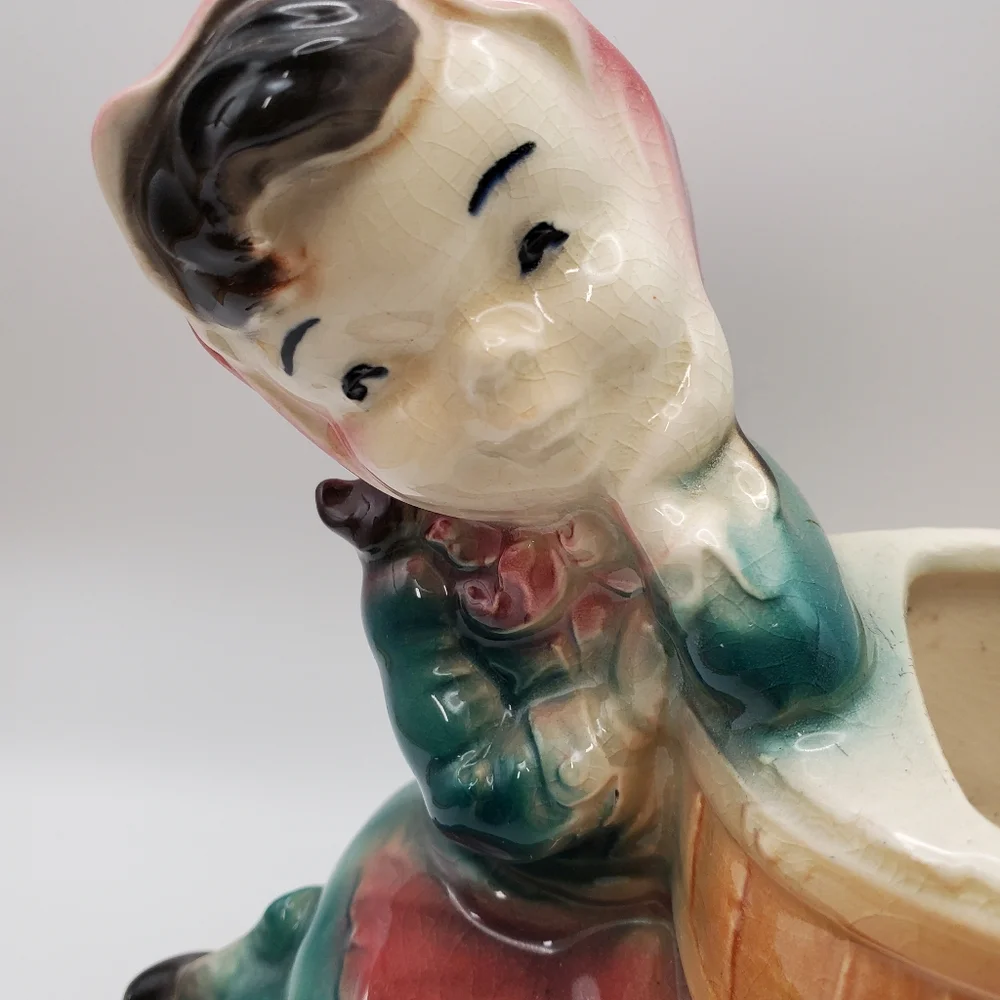 Vintage Royal‎ Copley Girl Leaning On Barrel Planter Cottagecore Kitsch Retro